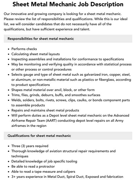 sheet metal mechanic job description